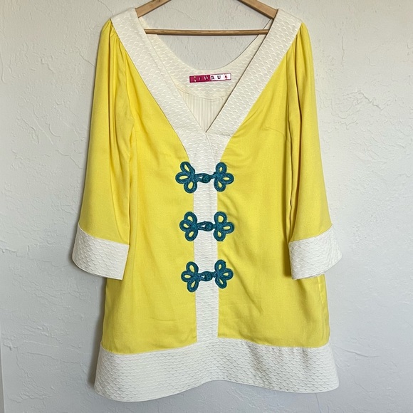 BURU x Sarah Bray Bermuda Mini Kaftan Tunic Yellow White Small - Picture 3 of 10
